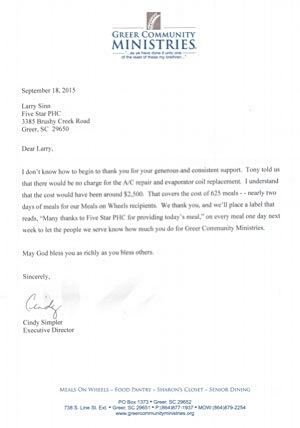 A letter from Greer Community Ministries to Larry Sinn.